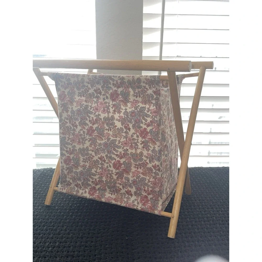 Vintage Foldable Sewing Yarn Knit Crochet Basket Caddy‎ Tote Bag Wood Frame MCM